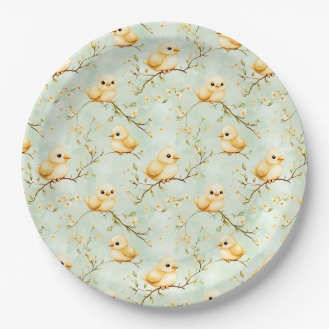 Cute Baby Chicks Mint Green Spring Floral Pattern Paper Plate (Front)