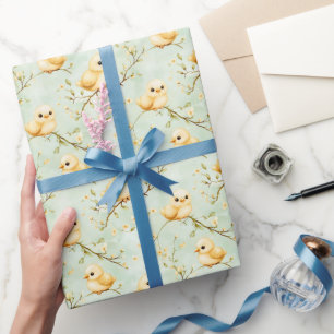 Cute Baby Chicks Mint Green Spring Floral Pattern Wrapping Paper