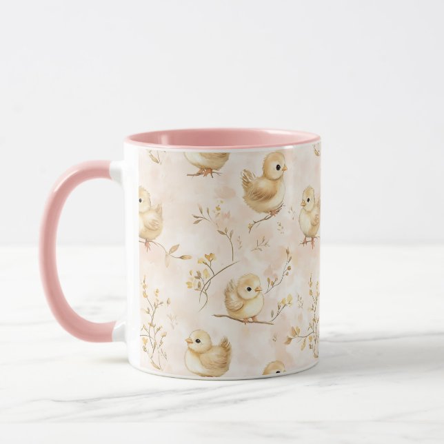 Cute Baby Chicks Pink Pastel Watercolor Pattern Mug (Left)