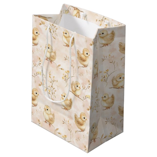 Cute Baby Chicks Pink Watercolor Pattern Medium Gift Bag (Back Angled)