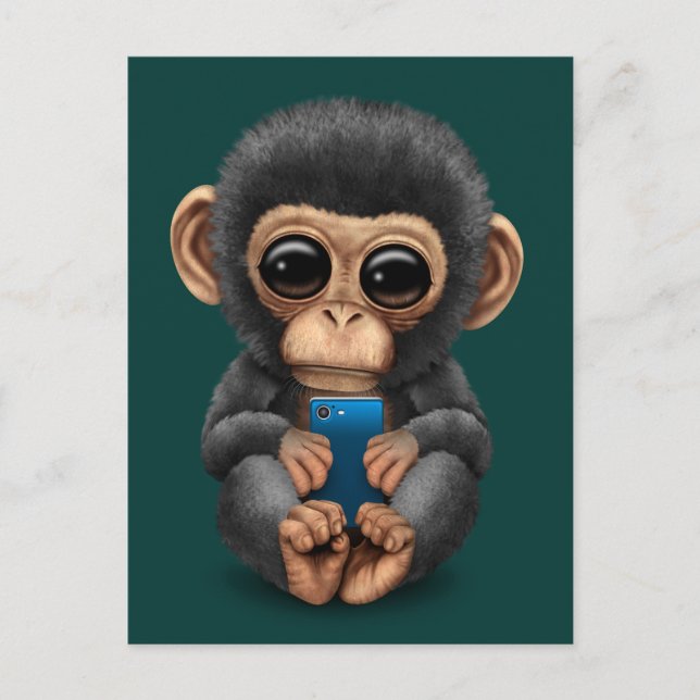 Cute Baby Chimpanzee Holding a Cell Phone Teal Postcard (Front)