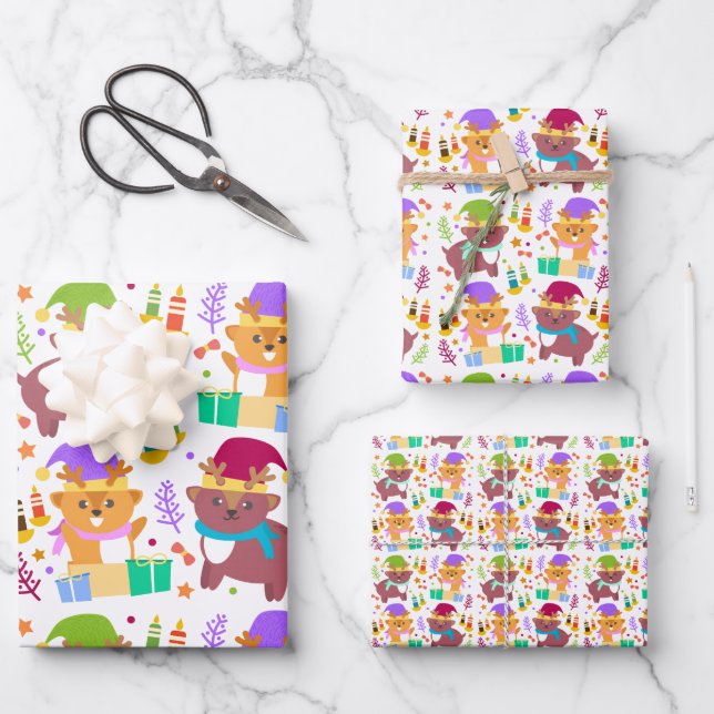 Cute Baby Christmas Animals Funny Cartoon Kids Wrapping Paper Sheet (Front)