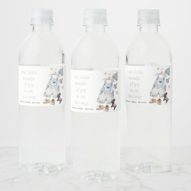 Cute Baby Clothes Essentials Blue Boy Baby Shower Water Bottle Label (Bottles)