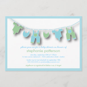 Cute Baby Clothes on the Line for Boy Baby Shower Invitation