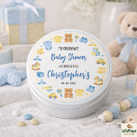 Cute Baby Clothes & Toys Boy Baby Shower 1 Inch Round Button<br><div class="desc">Cute boy baby shower button with baby clothes and toys theme. Perfect accessory or party favor for a baby boy shower celebration. Celebrate the upcoming arrival of a little boy with this adorable baby shower button featuring cute baby clothes and toy illustrations. Perfect for the mom-to-be, family members, or party...</div>