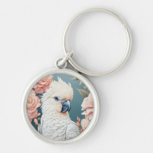 Cute Baby Cockatoo Parrot Soft Pink Flowers Keychain