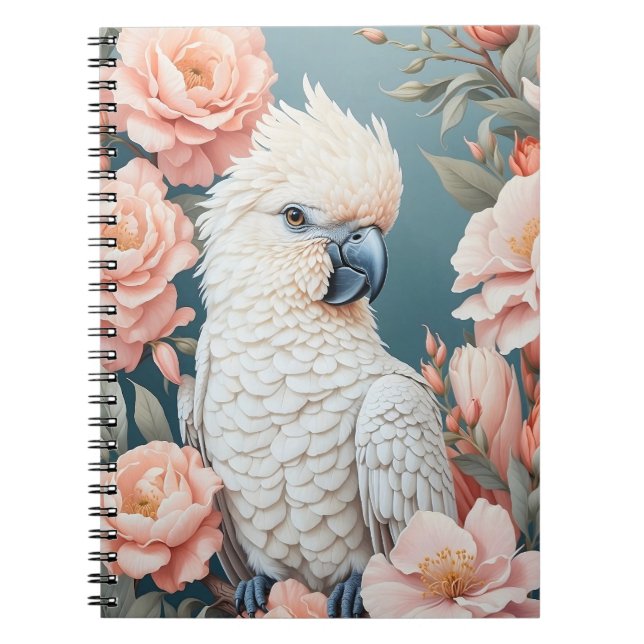 Cute Baby Cockatoo Parrot Soft Pink Flowers Notebook (Front)