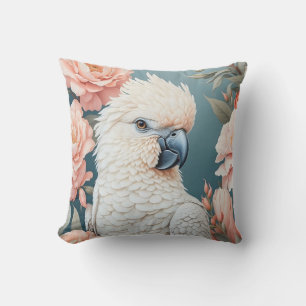 Cute Baby Cockatoo Parrot Soft Pink Flowers Throw Pillow