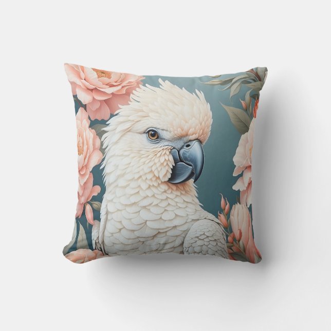 Cute Baby Cockatoo Parrot Soft Pink Flowers Throw Pillow (Front)