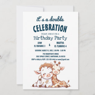 Cute Baby Cow and Giraffe Double Birthday Party  Invitation