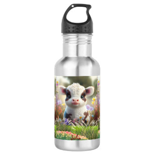 Cute Baby Cow Calf sitting in Flower Garden Farm  532 Ml Water Bottle