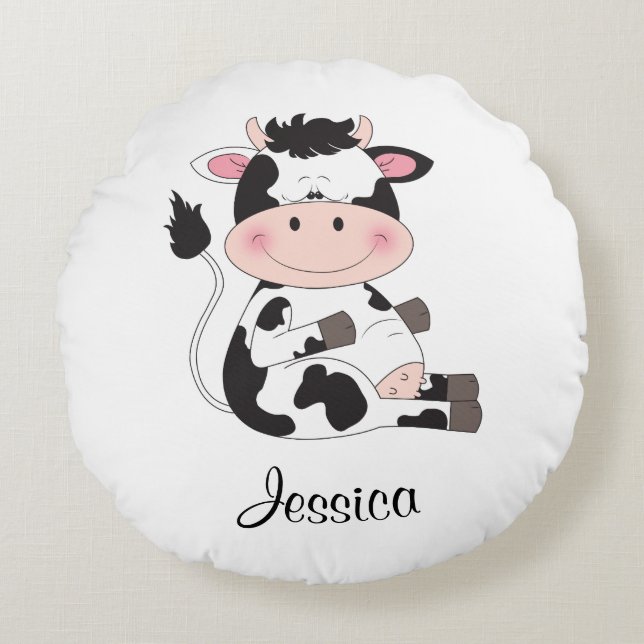 Cute Baby Cow Cartoon Round Pillow (Front)