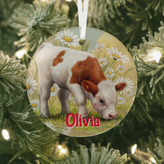 Cute Baby Cow,Daisies,Country,Watercolor Glass Ornament