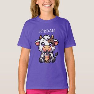  Cute Baby Cow Drinking Boba Kawaii Cartoon T-Shirt