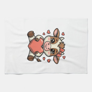Cute Baby Cow Holding Heart Vintage Engraving Shir Kitchen Towel