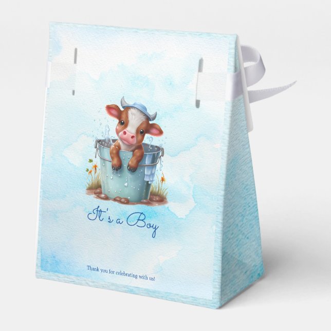 Cute Baby Cow in Bucket Blue Baby Shower Its a Boy Favor Box (Back Side)