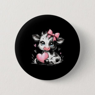 Cute Baby Cow With Nk Coquette Bow Holding Heart 2 Inch Round Button