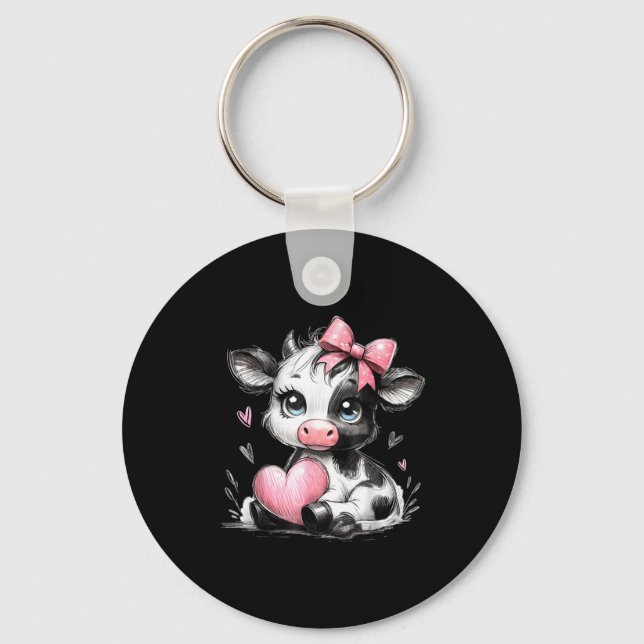Cute Baby Cow With Nk Coquette Bow Holding Heart  Keychain (Front)