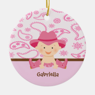 Cute Baby Cowgirl in Pink Sitting Ornament