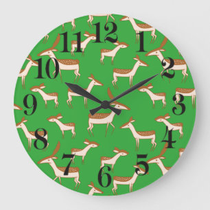 Cute Baby Deer and Family on Light Green Large Clock