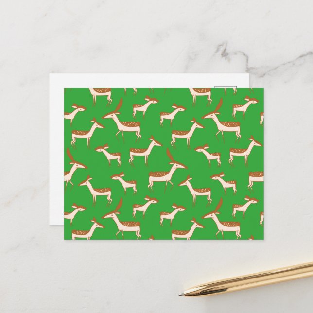 Cute Baby Deer and Family on Light Green Postcard (Front/Back In Situ)