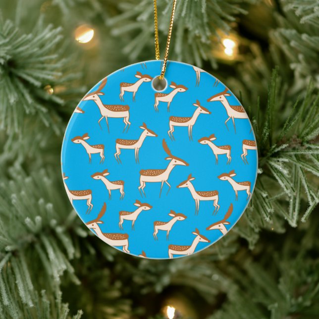 Cute Baby Deer and Family on Sky Blue Ceramic Ornament (Tree)