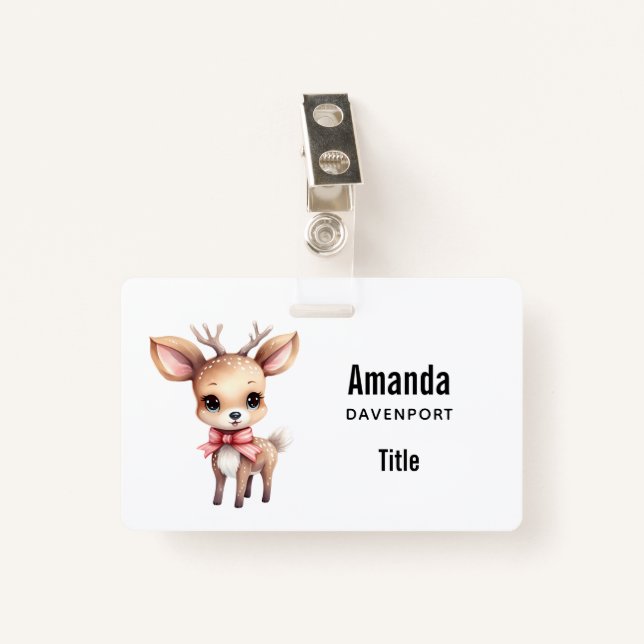 Cute Baby Deer Cartoon Illustration Badge (Front with Clip)