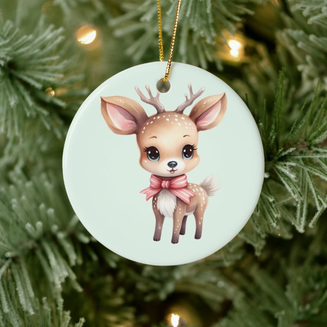 Cute Baby Deer Cartoon Illustration Ceramic Ornament (Tree)