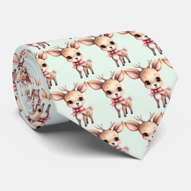 Cute Baby Deer Cartoon Illustration Pattern Tie (Rolled)