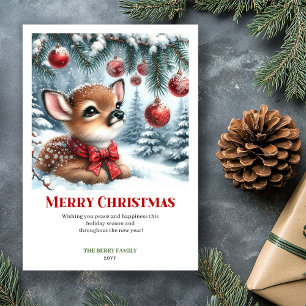 Cute Baby Deer Christmas Scene Watercolor Greeting Holiday Card