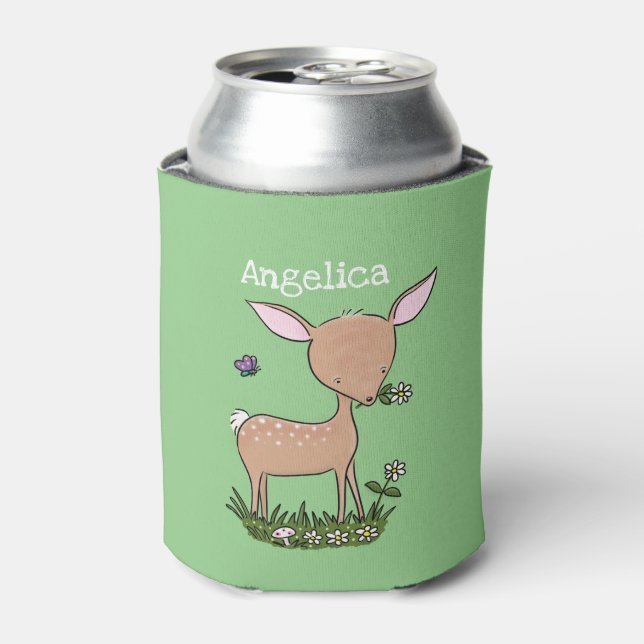 Cute baby deer fawn cartoon illustration can cooler (Can Front)