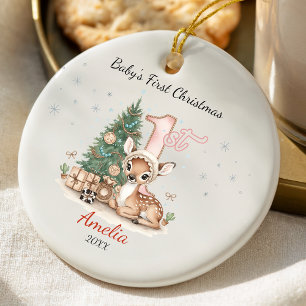 Cute baby deer first Christmas pink personalized Ceramic Ornament
