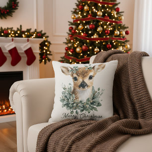 Cute Baby Deer Merry Christmas – Watercolor Fawn  Throw Pillow