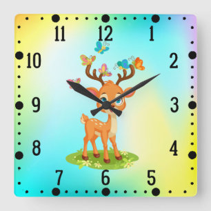 Cute Baby Deer Playing with Butterfles-23475 Square Wall Clock