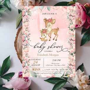 Cute Baby Deer Roses Border Baby Shower Invitation