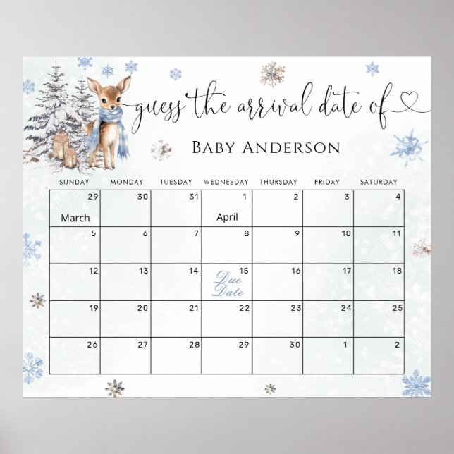 Cute Baby Deer Winter Guess the due Date Calendar  Poster (Front)