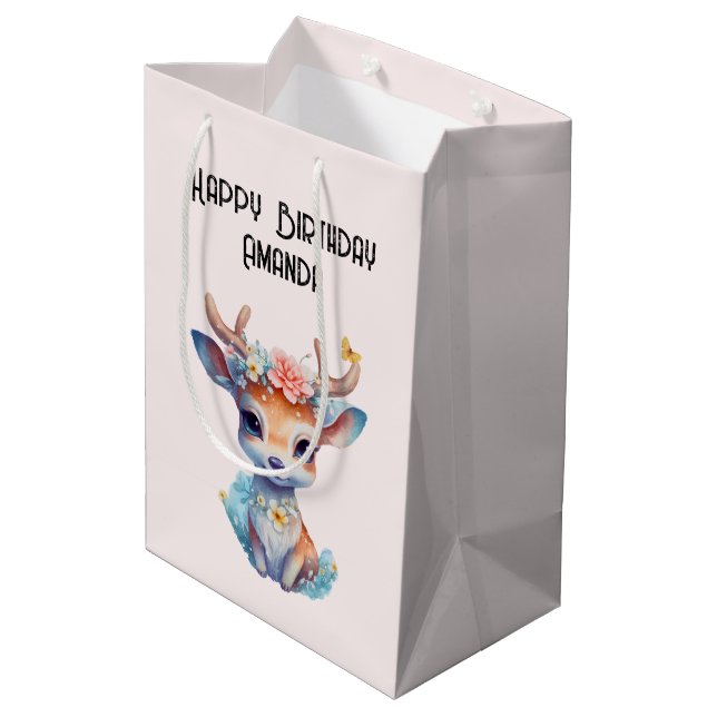 Cute Baby Deer with Antlers and Flowers Birthday Medium Gift Bag (Back Angled)