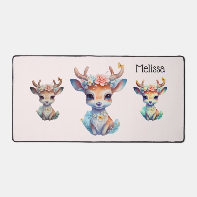 Cute Baby Deer with Antlers and Flowers Desk Mat (Front)