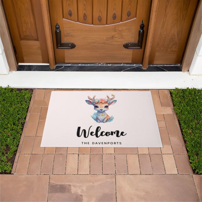 Cute Baby Deer with Antlers and Flowers Doormat (Outdoor)