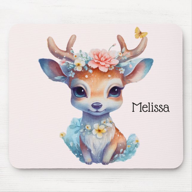Cute Baby Deer with Antlers and Flowers Mouse Pad (Front)