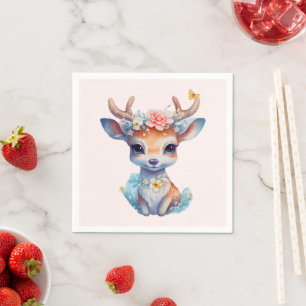 Cute Baby Deer with Antlers and Flowers Napkin