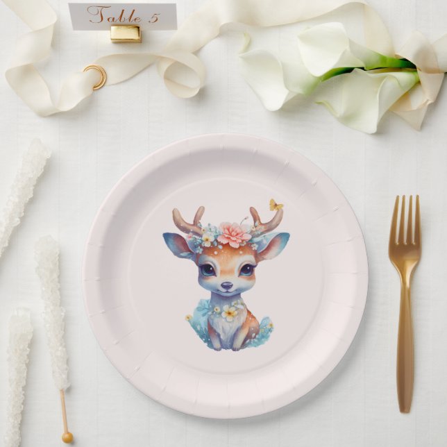 Cute Baby Deer with Antlers and Flowers Paper Plate (Wedding)