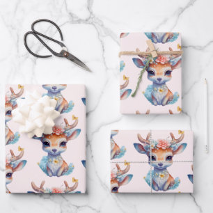 Cute Baby Deer with Antlers and Flowers Pattern Wrapping Paper Sheet