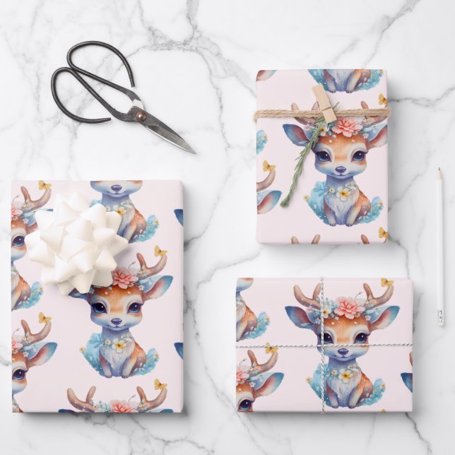 Cute Baby Deer with Antlers and Flowers Pattern Wrapping Paper Sheet (Front)
