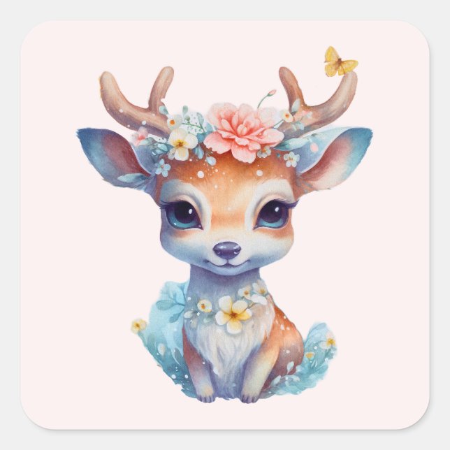 Cute Baby Deer with Antlers and Flowers Square Sticker (Front)