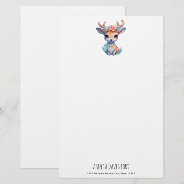 Cute Baby Deer with Antlers and Flowers Stationery (Front/Back)