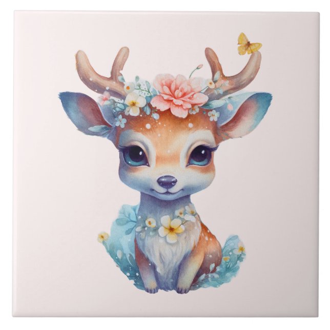 Cute Baby Deer with Antlers and Flowers Tile (Front)
