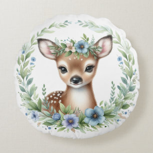 Cute Baby Deer with Blue Floral Round Pillow