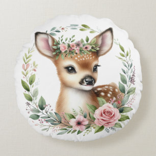 Cute Baby Deer with Pink Floral Round Pillow