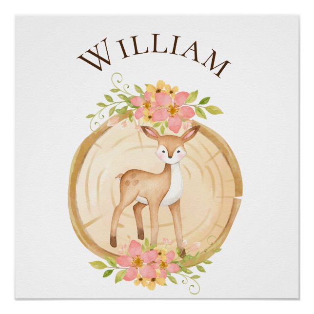 Cute Baby Deer Woodland Name Poster (Front)